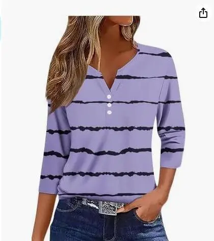 Women's T-shirt V-neck Half-open Tube Three-button Printed 34 Sleeves Top - 50 Style-S