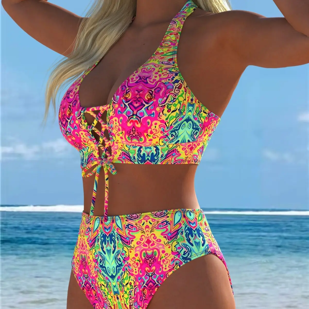 Womens Bikini With Floral Print Lace-up Backless Swimsuit