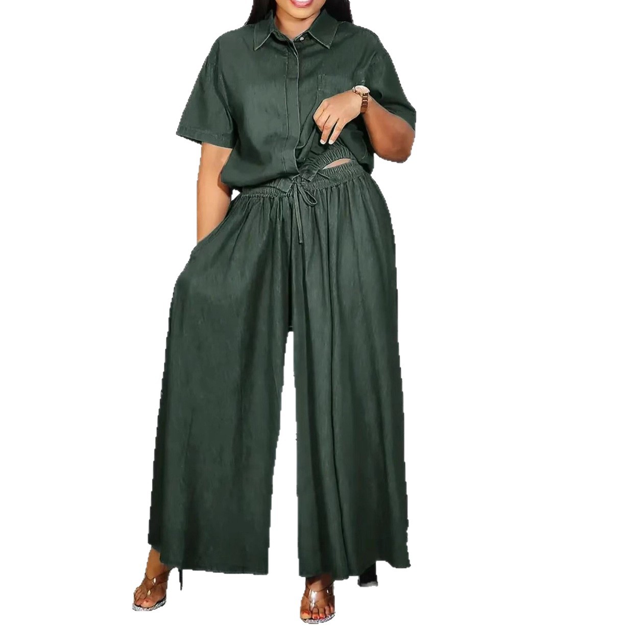 Womens Fashionable Loose Casual Solid-Color Two-Piece Set Short-Sleeve Top And Wide-Leg Long Pants 2