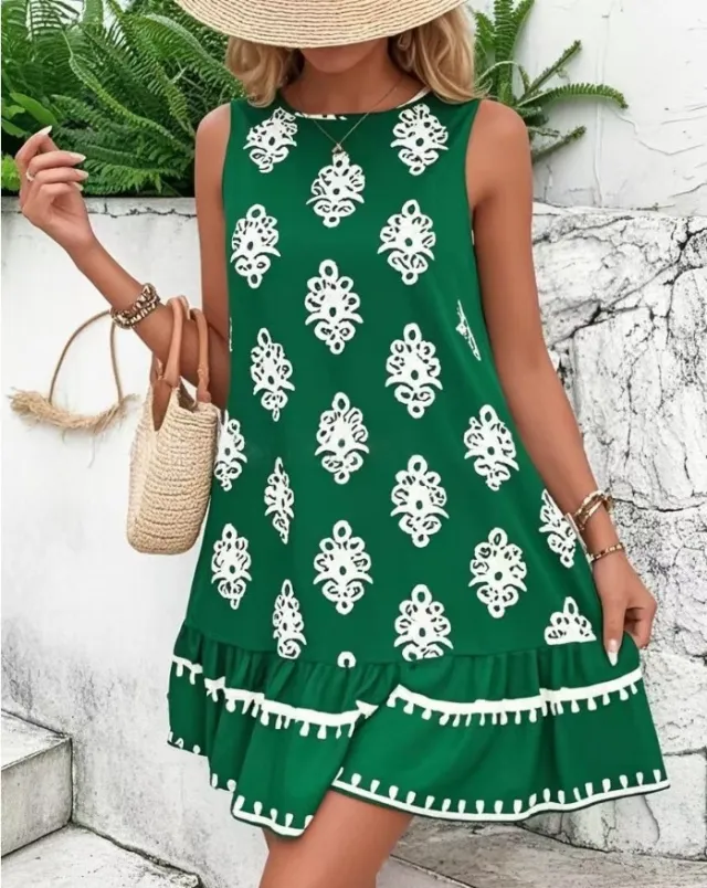 Women's Elegant Printed V neck A Line Skirt Green - Shop at LoveMi