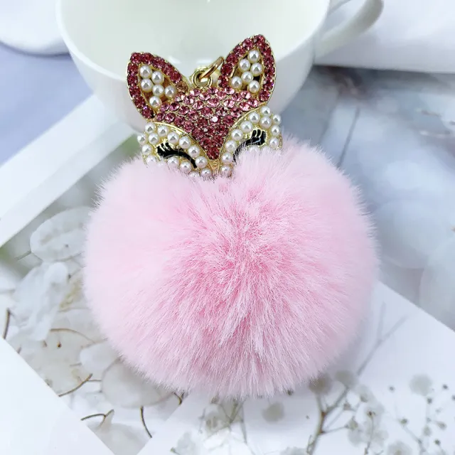 Alloy Pearl Rhinestone Fox Fur Ball Keychain Pendant Pink - Shop at LoveMi
