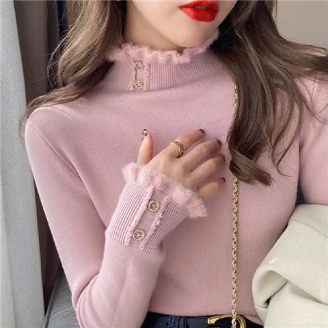 Fashionable Design Single layer Fleece lined Thermal Bottoming Shirt Inner Wear Autumn And Winter Half high Collar Top Pink - Shop at LoveMi