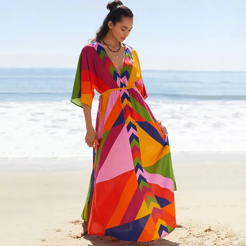 Polyester Printed Pull-belt Long Dress Beach Jacket Sun Protection Robe - Picture Color Zs2058