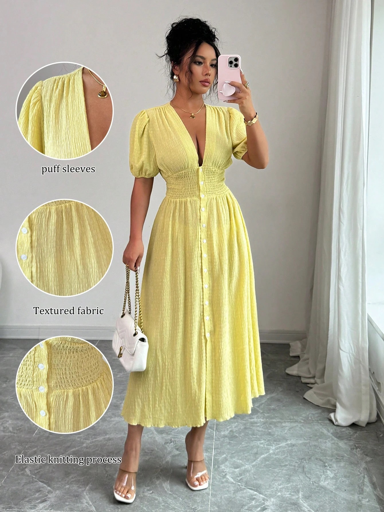 Elegant Women's V Neck Puff Sleeve Midi Dress For Women Yellow - Shop at LoveMi