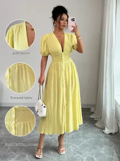Elegant Women's V-Neck Puff-Sleeve Midi Dress For Women - Yellow - View 1