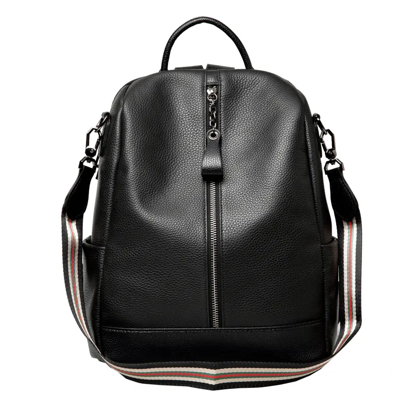 First Layer Cowhide Commuter Large Capacity Korean Style Fashion Backpack - Black