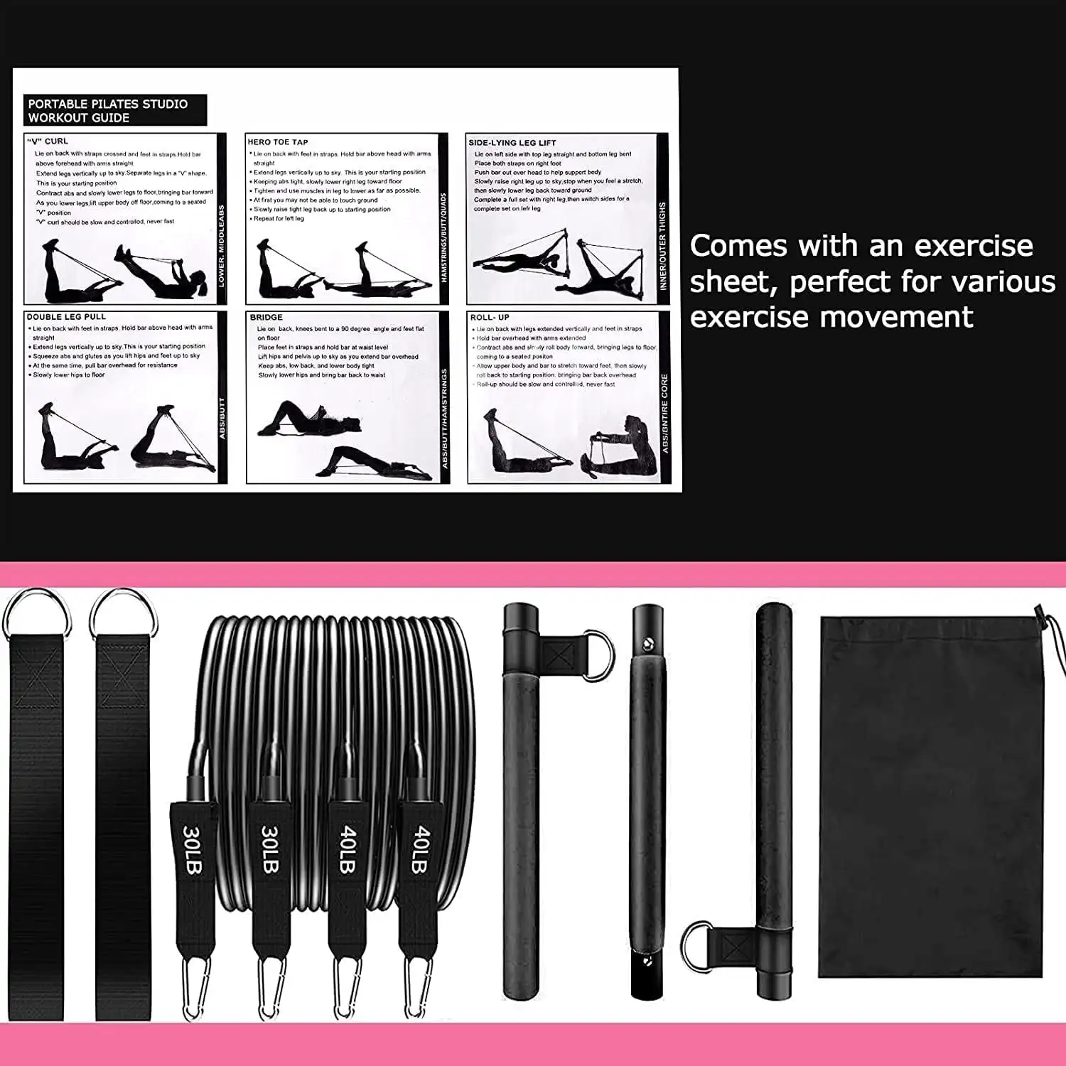 Pilates Bar Suit With Multifunction Resistance Band Pulling Rope Yoga Fitness