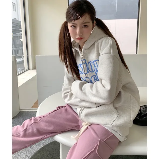 Women's Letter Hooded Sweater Cardigan Casual Jacket With Velvet Light Gray Coat - Shop at LoveMi