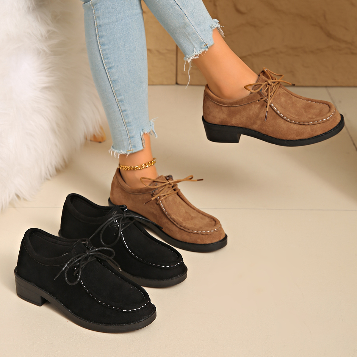 Plus-size Casual Loafers With Soft Soles Unisex Round Toe Lace-up