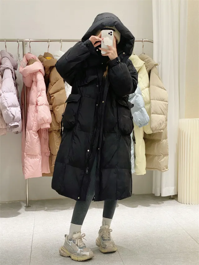 Korean Style Winter Clothes Hooded Women's Over the knee Quilt Down Jacket Black - Shop at LoveMi