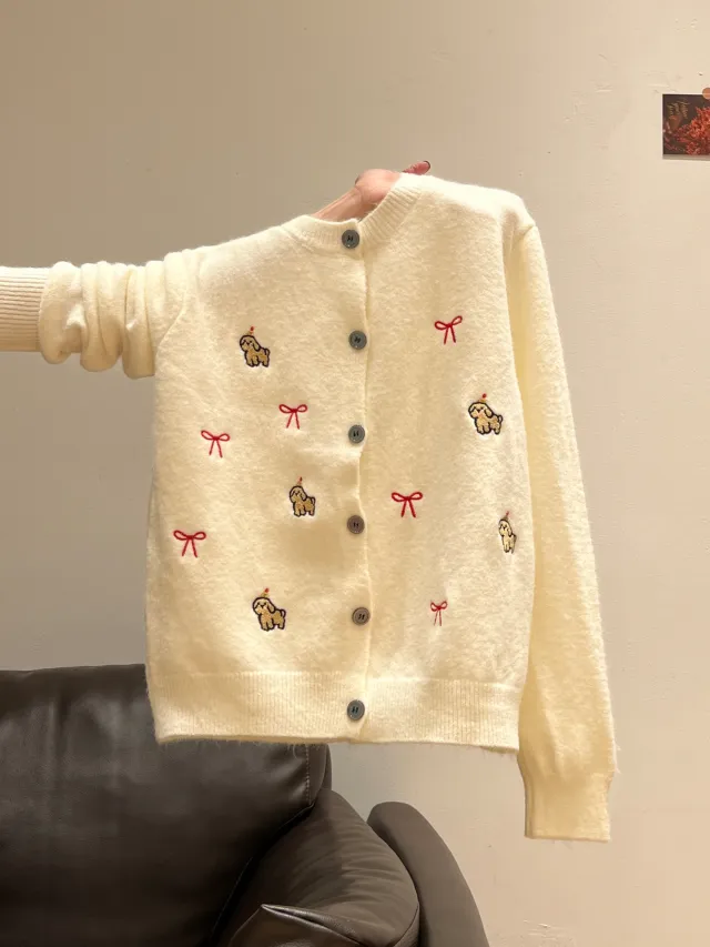 Red Embroidered Button Front Long Sleeve Knitted Cardigan Women's Sweater White - Shop at LoveMi