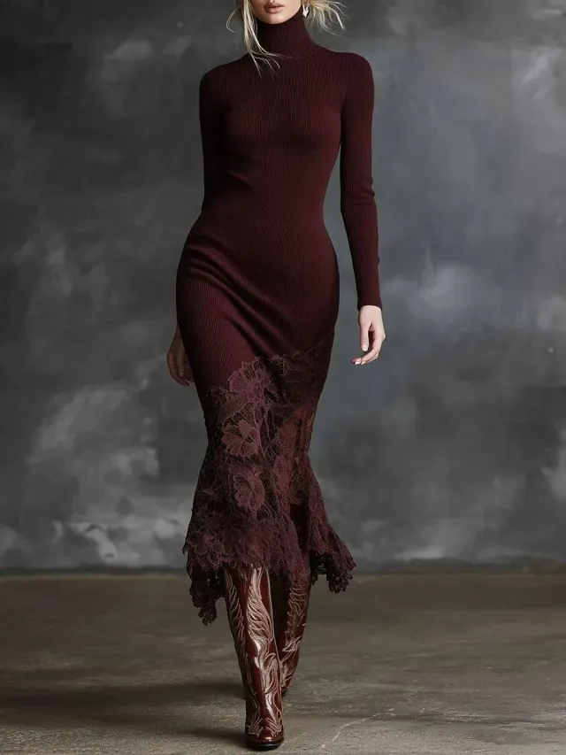Elegant And Sophisticated Long Dress With Lace Hem For Women Red - Shop at LoveMi