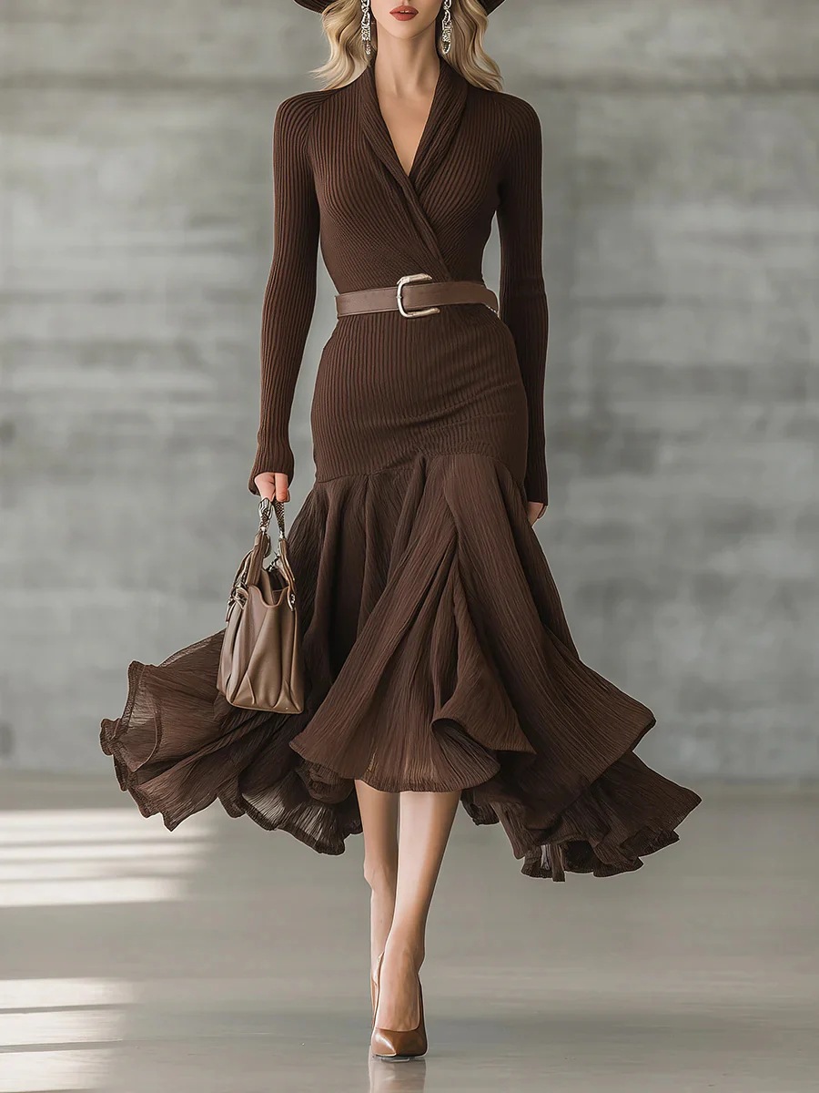 Stitching V neck Long sleeve Dress Long Skirt Large Swing Skirt Dark Brown - Shop at LoveMi