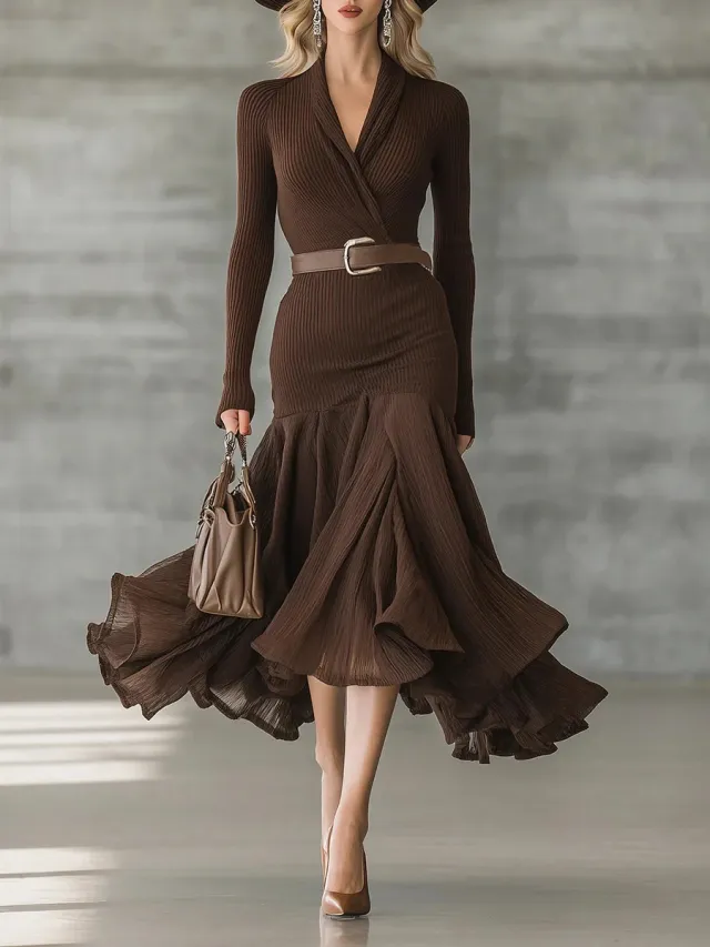 Stitching V neck Long sleeve Dress Long Skirt Large Swing Skirt Brown - Shop at LoveMi