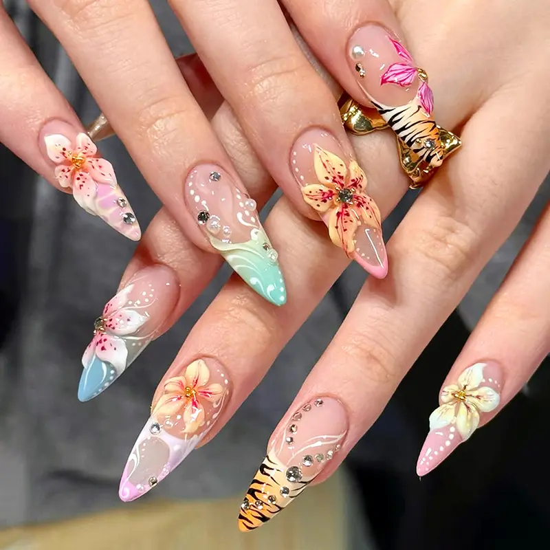 3D Textured Flower Wearable Nail Tips Stickers