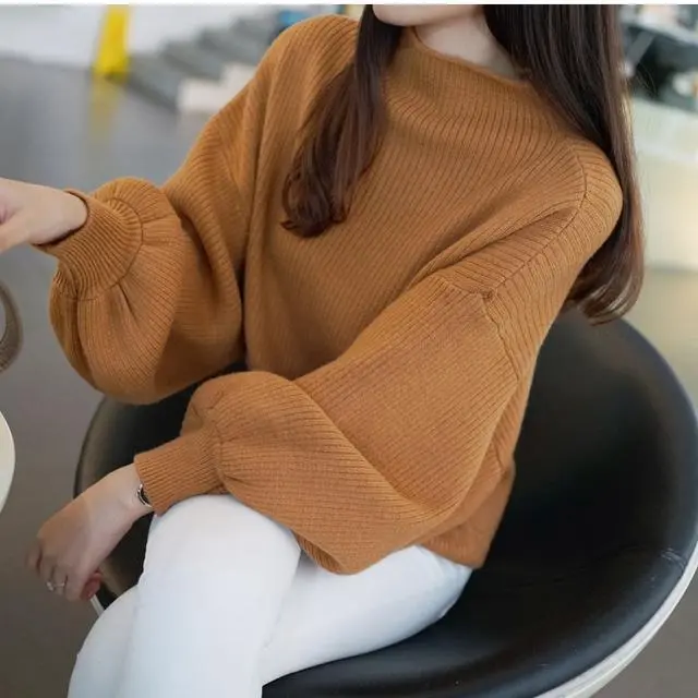 Half high Collar Short Lantern Sleeve Pullover Sweater Women Brown - Shop at LoveMi