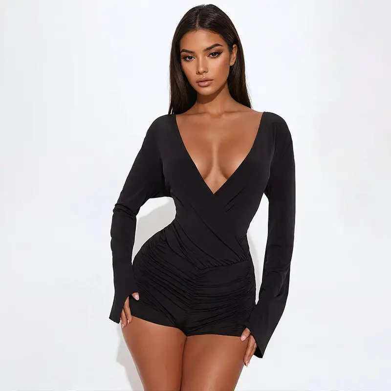 Long Sleeve V-Neck Romper Jumpsuit with Ruched Detail