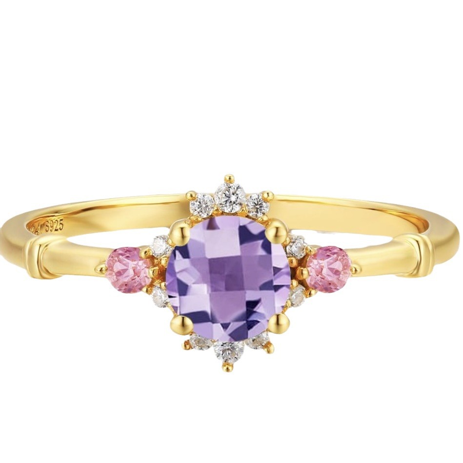 Beautiful Vintage Flowers Curtain-like Yarn Amethyst Ring Set