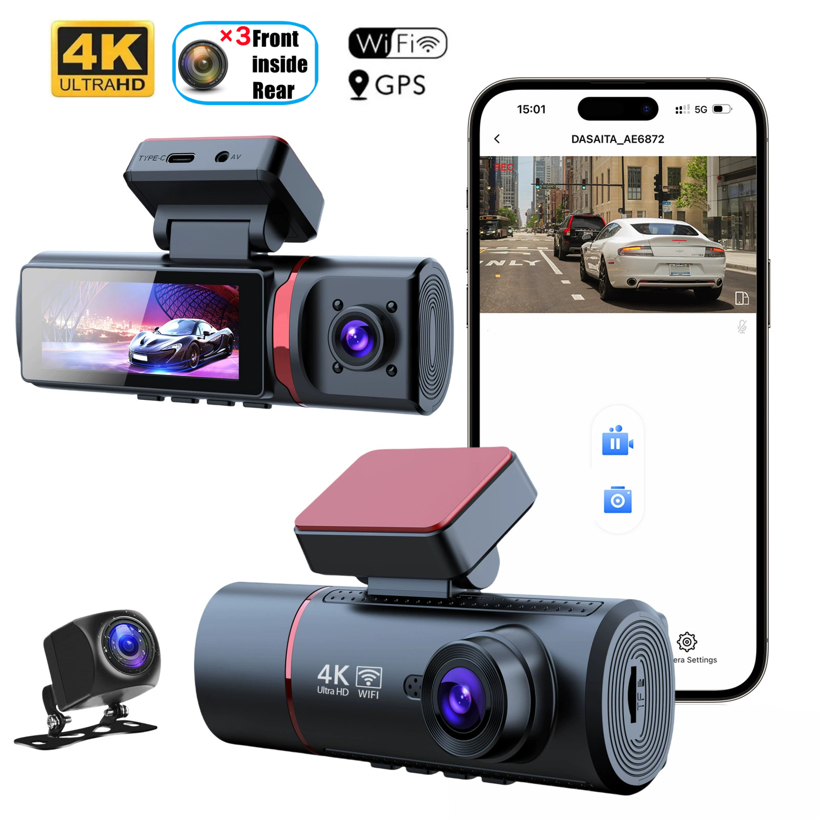 Driving Recorder 4K HD Front And Rear Three Recording WIFI Mobile Phone Interconnection - Image 4