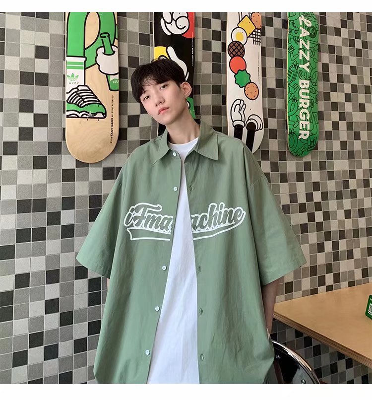 Hong Kong Style Retro Trendy Brand Letter Print Short-sleeve Shirt Men