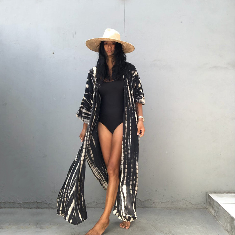 Sunscreen Cardigan Hooded Printed Long Sleeve Long Beach Vacation Swimsuit Outwear Blouse