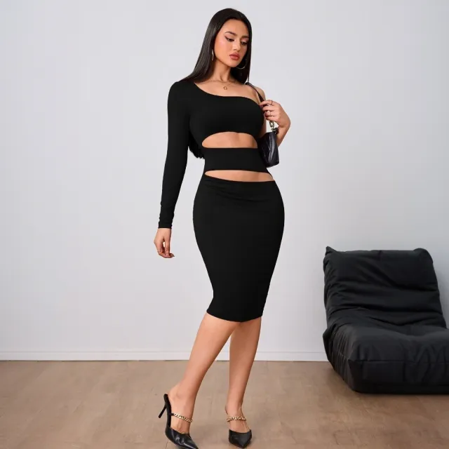 Women's Wine Red Socialite Style Dress New Autumnwinter Single sleeve Midi Dress Black - Shop at LoveMi