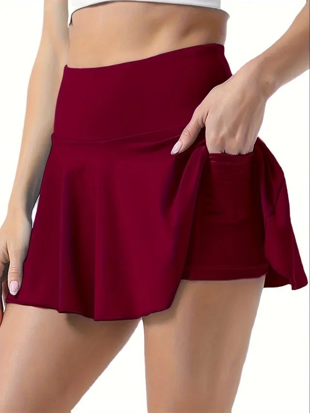 Sports Short Skirt High Waist Fake Two Pieces Dark Red - Shop at LoveMi