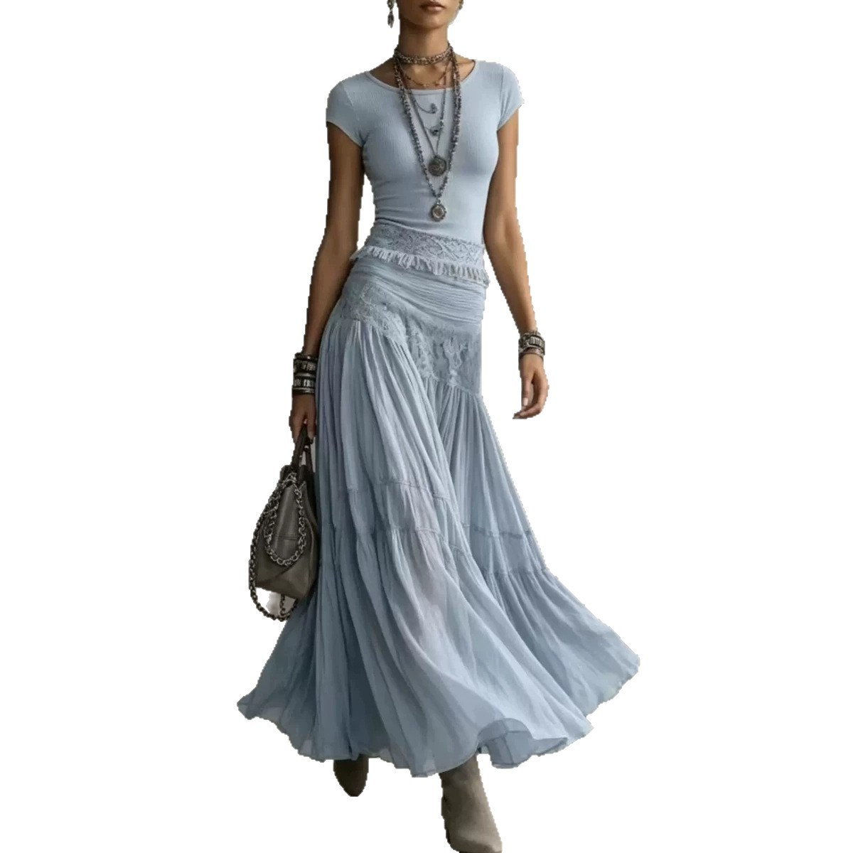 Fashionable And Flowing Knit Top With A Chiffon Long Skirt Set 3