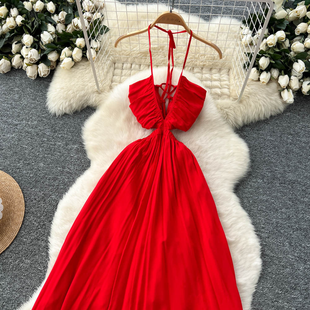 Red Niche Hollow-out Halter Suspenders Waist-tight Irregular Dress
