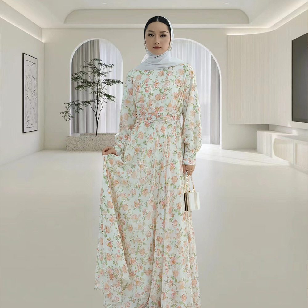 Crew-neck Floral-print Midi Dress With A Matching Belt For A Slimming Fit