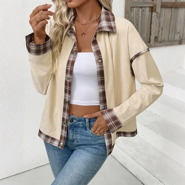 Women's Plaid Corduroy Stitching Jacket Apricot - Shop at LoveMi