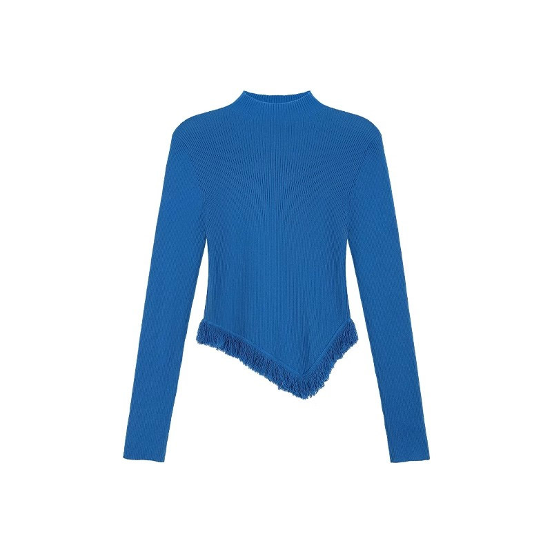 Women's Solid Color Semi High Neck Tassel Knit Base Sweater - Image 4