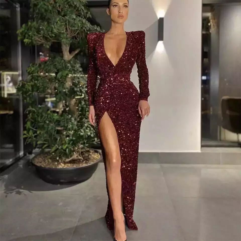 Women's Sexy Deep V Long Sleeve Slim fit Sequined Dress Wine - Shop at LoveMi