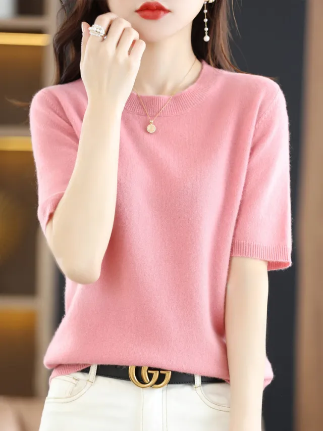 Knitted Short Sleeve Loose T shirt Inner Wear Sweater Non cashmere Bottoming Shirt Leather Pink - Shop at LoveMi