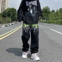 Dark American Street Lightning Print Black Jeans Straight Casual Loose Mop - Black - View 1