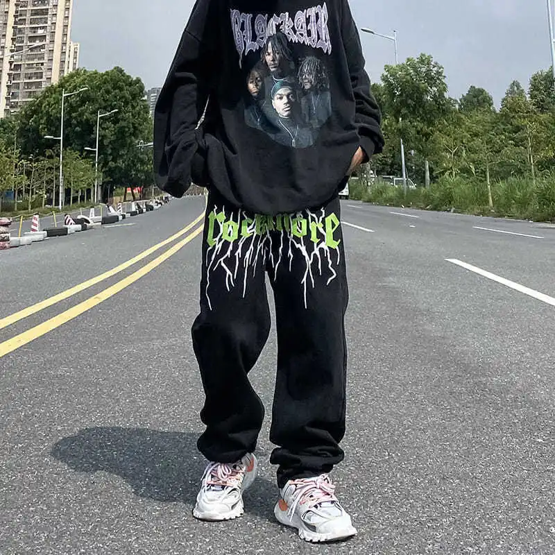 Dark American Street Lightning Print Black Jeans Straight Casual Loose Mop - Black