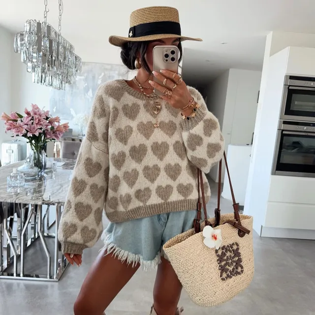 Heart Jacquard Color Contrast Short Knitted Valentine's Day Sweater Khaki - Shop at LoveMi