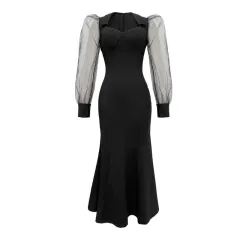 French Style Square Collar Long Dress For Women Hepburn Style Elegant Socialite Mesh Puff Sleeve Fishtail Dress - Black - View 1