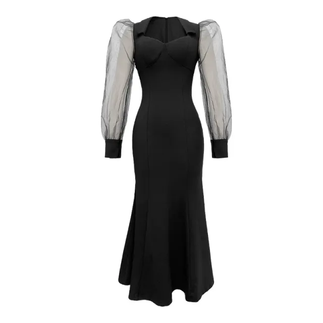 French Style Square Collar Long Dress For Women Hepburn Style Elegant Socialite Mesh Puff Sleeve Fishtail Dress Black - Shop at LoveMi