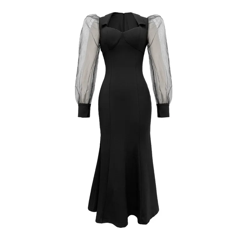 French Style Square Collar Long Dress For Women Hepburn Style Elegant Socialite Mesh Puff Sleeve Fishtail Dress - Black