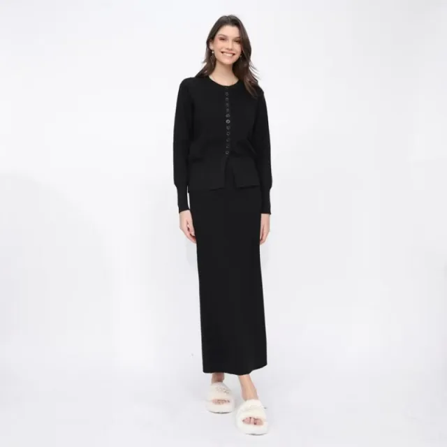 Women's Solid color Casual Cardigan And Skirt Setsoft And Gentle All in one Outfit Black - Shop at LoveMi