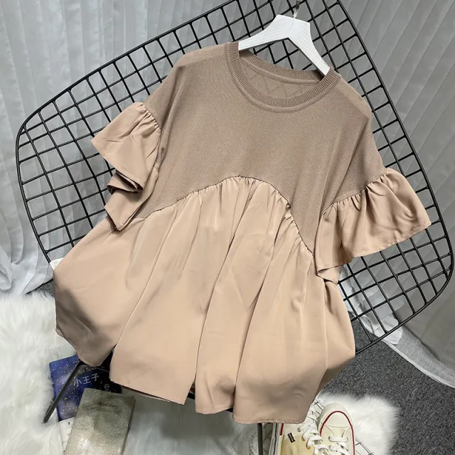 Extra Large Bell Sleeve Chiffon Stitching Ice Silk Knitted Top Khaki - Shop at LoveMi