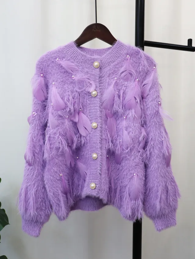 Artificial Mink Fur Gentle Design Feather Beaded Tassel Knitted Cardigan Sweater Coat Purple - Shop at LoveMi