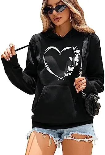 Women's Pattern Hoodie Heart Shape Printed Drawstring Pullover Top Black Heart Shape - Shop at LoveMi