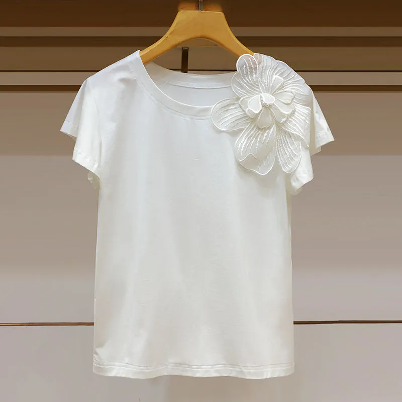 Round Neck Three-dimensional Flower Decoration Fashion Ruffle Sleeve Loose Slim Top - White