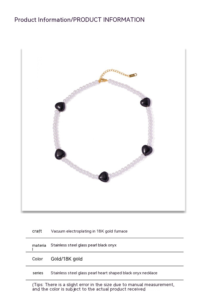 Women's Black Heart-shaped Glass Pearl Necklace