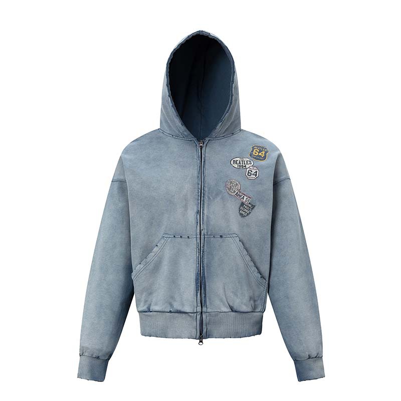 American-style Vintage DIY Badge-printed Washed-and-distressed Jacket