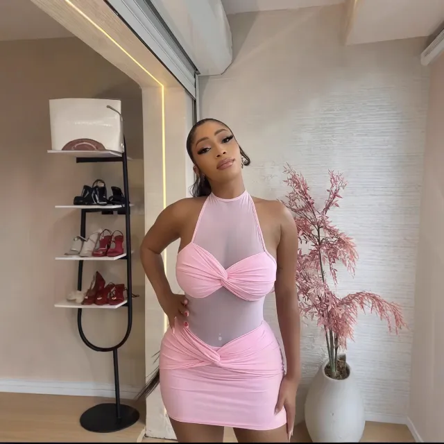 Womens Autumn New Solid Color Sleeveless Halterneck Sexy Mesh Patchwork Bodycon Dress Pink - Shop at LoveMi