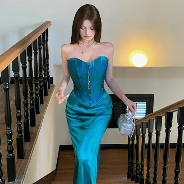 Sexy Fishbone Corset Satin Sheath Fishtail Mid length Dress Set Tube Top - Shop at LoveMi