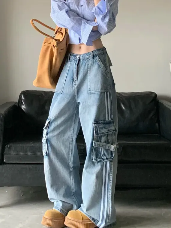Retro American style Side striped Denim Jeans With A Design forward Aesthetic Blue - Shop at LoveMi